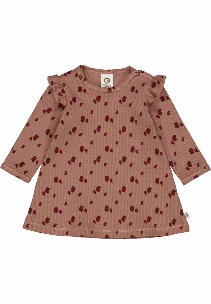 Dlouhé šaty s dlouhým rukávem v měkké růžové ribbed tkanině, s květinovým vzorem červených květin a zelených listů, a volány na ramenech.