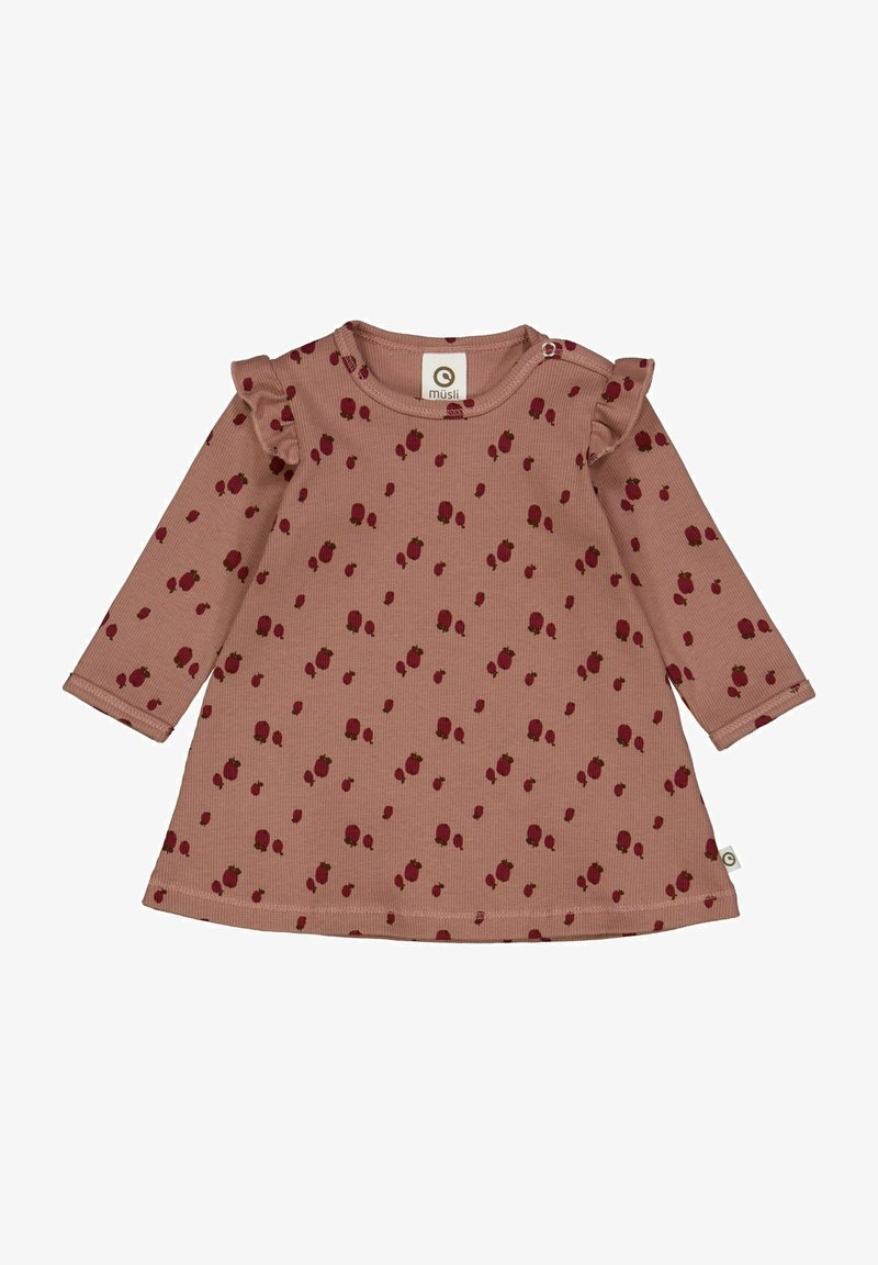 Abito a maniche lunghe in morbido tessuto a coste rosa pallido, con un motivo floreale caratterizzato da fiori rossi e foglie verdi, e rifiniture a volant sulle spalle.