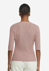 Light pink ribbed knit sweater with three-quarter sleeves, featuring a textured pattern and rounded neckline. Back view displayed.