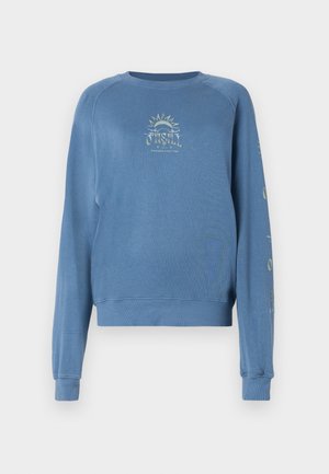 Niebieski sweter z okrągłym dekoltem, wykonany z miękkiego materiału. Posiada graficzny wzór z przodu oraz motywy słońca na rękawach.