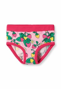 Slip in cotone rosa con motivi di fragole e fiori, dotato di un elastico in vita rosa uniforme e accenti verdi a forma di foglia in contrasto.