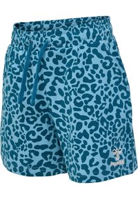 Ljust blå shorts med ett mönster av mörkblå leopardfläckar, elastisk midja med snöre och sidfickor. Logotyp på fållen.