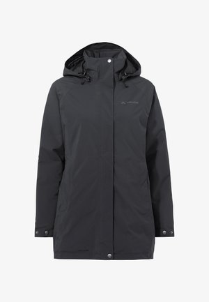 Giacca impermeabile nera con cappuccio, zip frontale e bottoni a scatto, due tasche laterali e polsini regolabili.