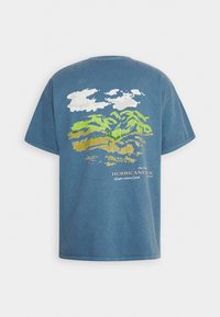 Blå bomullströja med ett grafiskt tryck av berg och moln i grönt, vitt och guld, med texten "Hurricane Ridge Olympic National Park".
