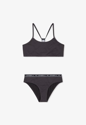 Schwarzes Bikini-Set mit dreieckigen Mustern, bestehend aus einem kurzen Oberteil mit dünnen Trägern und passenden, tief sitzenden Unterteilen mit einem Markengummibund.