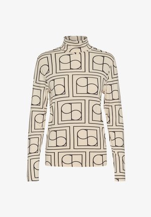 Long-sleeve turtleneck top in cream featuring a black geometric pattern of overlapping squares and circles, made of soft, stretchy fabric.