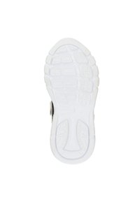 Hvid gummisål til sneakers med et struktureret grebdesign og dybe riller og mønstre for traction, inklusive en lille sort accent på siden.