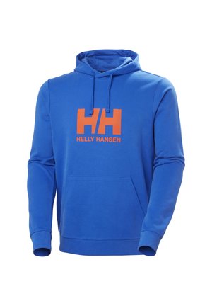 Niebieska bluza z kapturem wykonana z bawełny, z kieszenią typu kangur z przodu, z pomarańczowym logo "HH" oraz sznurkiem do regulacji kaptura. Gładka tekstura.