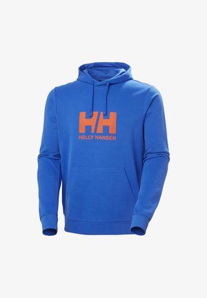 Niebieska bluza z kapturem wykonana z bawełny, z kieszenią typu kangur z przodu, z pomarańczowym logo "HH" oraz sznurkiem do regulacji kaptura. Gładka tekstura.