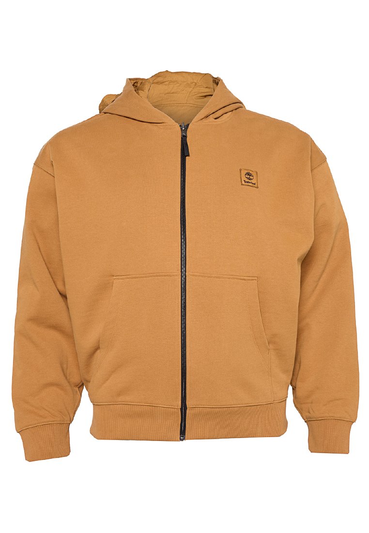 Felpa con zip marrone realizzata in un tessuto misto cotone. Presenta tasche a marsupio, polsini a costine e una patch con logo sul petto.