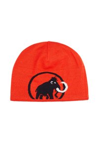 Berretto in maglia rossa con grafica di un mammuth nera e dettagli bianchi su uno sfondo circolare. Texture morbida e forma aderente.