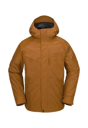 Brown insulated jacket with a hood, featuring a front zipper, side pockets, and a subtle brand logo on the lower left side.