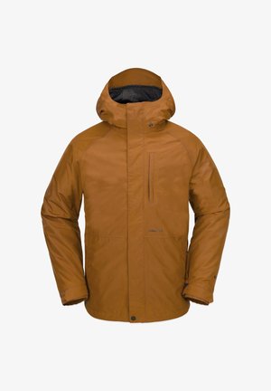 Braune isolierte Jacke mit Kapuze, ausgestattet mit einem Reißverschluss an der Vorderseite, seitlichen Taschen und einem dezenten Markenlogo auf der unteren linken Seite.