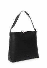 Borsa a tracolla nera in pelle con una superficie liscia, forma rettangolare, chiusura con zip superiore e un logo sottile in oro nella parte inferiore.