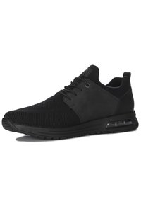 Black athletic shoes featuring a mesh upper, suede accents, and a padded collar. Air cushioning in the sole for comfort, textured rubber outsole.