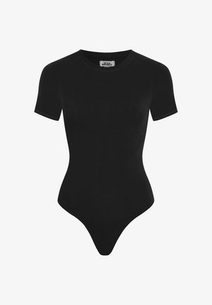 Bodysuit noir à manches courtes en tissu extensible. Il présente un col rond, une coupe ajustée et un fond en string pour un style épuré.