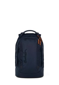 Navy blue backpack with padded handle, front zippered compartments, brown zipper pulls, and embroidered "Satch" logo on the front panel.