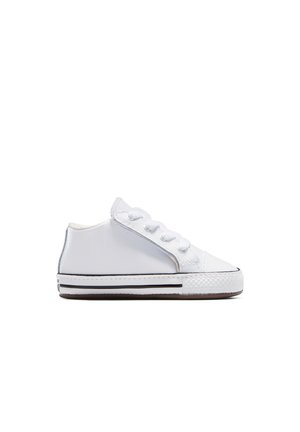 Witte canvas sneakers met rubberen zool, vetersluiting, gestikte accenten en een laag uitgesneden silhoutte, voorzien van een gestructureerde teenkap en zijkant.