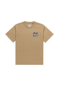 Tan bomulds T-shirt med korte ærmer, rund halsudskæring og et lille sort grafisk logo på venstre brystområde, der viser økser og fisk.