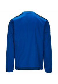 Chaqueta azul de manga larga hecha de un tejido suave. Presenta detalles dorados en los hombros y un cuello redondo. Espalda lisa con dobladillo y puños acanalados.