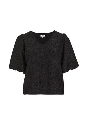 Top nero con scollo a V, maniche corte a sbuffo, tessuto strutturato con un motivo sottile e una vestibilità rilassata. Nessuna chiusura visibile.