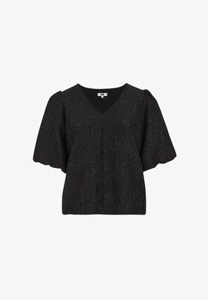 Top nero con scollo a V, maniche corte a sbuffo, tessuto strutturato con un motivo sottile e una vestibilità rilassata. Nessuna chiusura visibile.