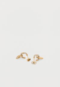 Σκουλαρίκια σε χρυσό τόνο με σχέδιο αλυσίδας διακοσμημένα με διαυγή κρύσταλλα. Διαθέτουν πίσω μέρος με καρφίτσα και υφή στην επιφάνεια για πρόσθετες λεπτομέρειες.