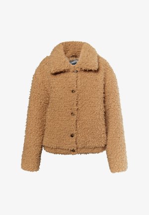 Giacca beige effetto pelliccia con colletto, chiusura frontale con bottoni, maniche lunghe e superficie testurizzata. Include due tasche laterali.