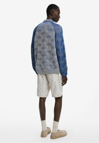 Langärmliges Hemd mit blau-weißen Mustern und entspannter Passform, kombiniert mit beigen gemusterten Shorts und hellen Schuhen.