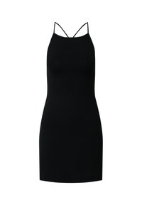 Zwarte rib jurk met dunne spaghetti straps, strakke pasvorm en een gladde textuur. Geen patronen of extra hardware.