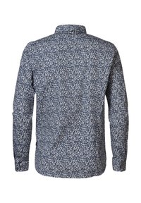 Chemise à manches longues avec un petit motif floral bleu et blanc, vue de dos avec des poignets boutonnés et un col standard.