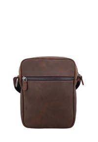 Braune Leder-Quadrat-Crossbody-Tasche mit einem oberen Reißverschluss, einer vorderen Reißverschlusstasche und einem verstellbaren Riemen. Glatte Textur und minimalistisches Design.