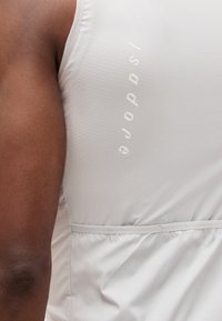 Κοντινό του άνω χεριού και της πλάτης ενός ατόμου που φορά ανοιχτό γκρι αμάνικο γιλέκο με κάθετο λογότυπο "Isadore" στην πλάτη.