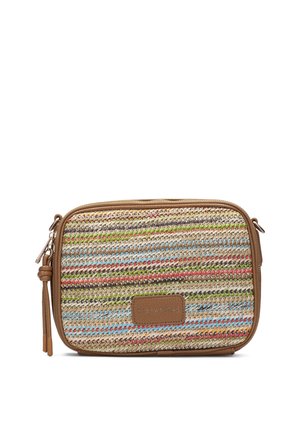 Rektangulær vævet crossbody-taske med flerfarvede horisontale striber, tan læderkant, lynlås lukning og "Hispanitas" mærke foran.