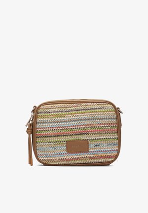 Rechteckige gewebte Umhängetasche mit mehrfarbigen horizontalen Streifen, braunen Lederbesätzen, Reißverschluss und „Hispanitas“-Label vorne.