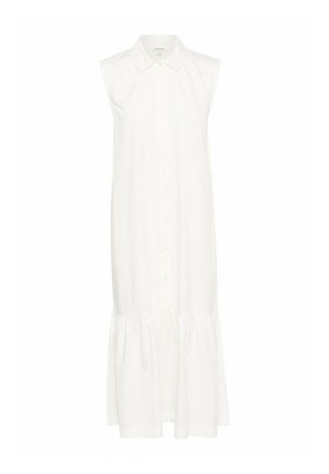 Biała sukienka bez rękawów z materiału, z przodem zapinanym na guziki, kołnierzykiem i rozszerzaną, warstwową dół.