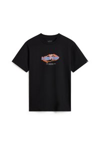 Svart kortärmad t-shirt i bomull, med en färgglad grafisk logotyp i orange och blått i mitten och text under.