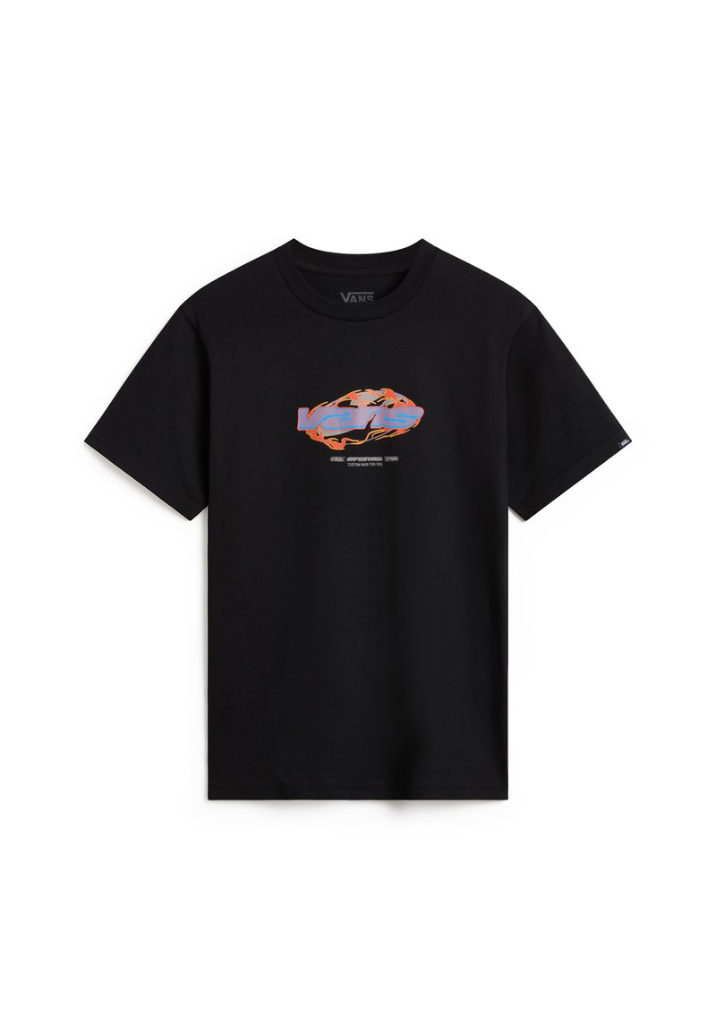 Svart kortärmad t-shirt i bomull, med en färgglad grafisk logotyp i orange och blått i mitten och text under.