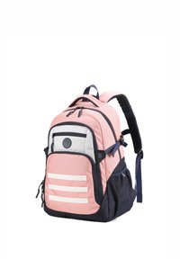Rugzak in roze, marineblauw en wit met een gladde textuur. Voorzien van verstelbare schouderbanden, meerdere compartimenten en drie witte reflecterende strepen.