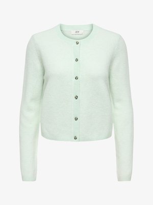 Light mint green cardigan made of soft knit material, rounded neckline, full-length sleeves, five button closure, and ribbed trim.