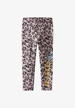 Roza leggingi imajo vzorec črnih src, na strani je risana figura, napis "STITCH" pa je v velikih rumenih črkah. Raztegljiv material, oprijet kroj.
