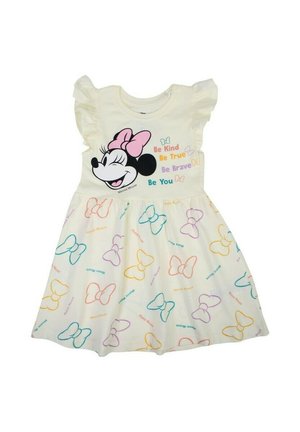 Abito di cotone con maniche arricciate, caratterizzato da una grafica di Minnie Mouse e testo. Beige chiaro con motivi a fiocco colorati sulla gonna.