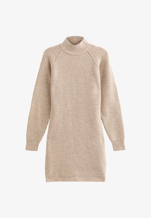 Robe en beige à col roulé côtelé avec manches longues, coupe décontractée et tissu texturé. Dotée d'un col haut et d'un ourlet droit.