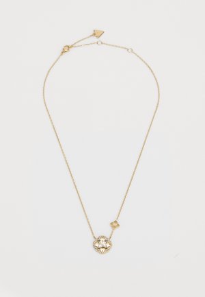 Gouden ketting met een bloemvormige hanger met heldere edelstenen, intricaat ontwerp en een verstelbare sluiting. Elegante en gestructureerde details.