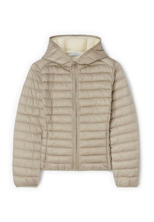 Veste matelassée beige clair avec capuche, fermeture éclair intégrale à l'avant et deux poches latérales zippées.