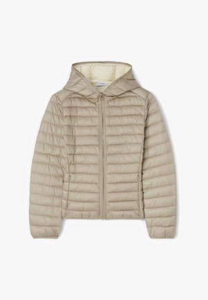 Giacca imbottita trapuntata color beige chiaro con cappuccio, cerniera frontale completa e due tasche laterali con zip.