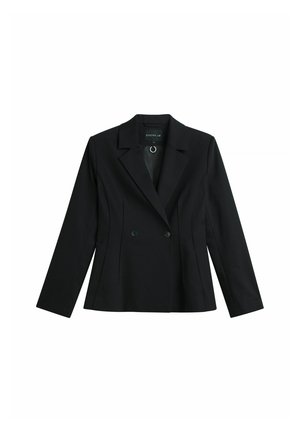 Sort skræddersyet blazer med reverskrave, lange ærmer, dobbelt-knaplukning foran og figursyet talje for en struktureret silhuet.