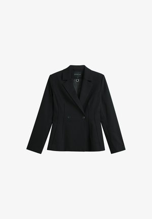 Zwarte op maat gemaakte blazer met reverskraag, lange mouwen, dubbele knoopsluiting aan de voorkant en een aangesloten taille voor een gestructureerde silhouet.