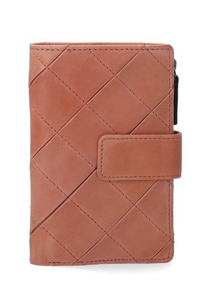 Brown leather wallet with a quilted pattern, featuring a flap closure and a side zipper. The texture is smooth with visible stitching.