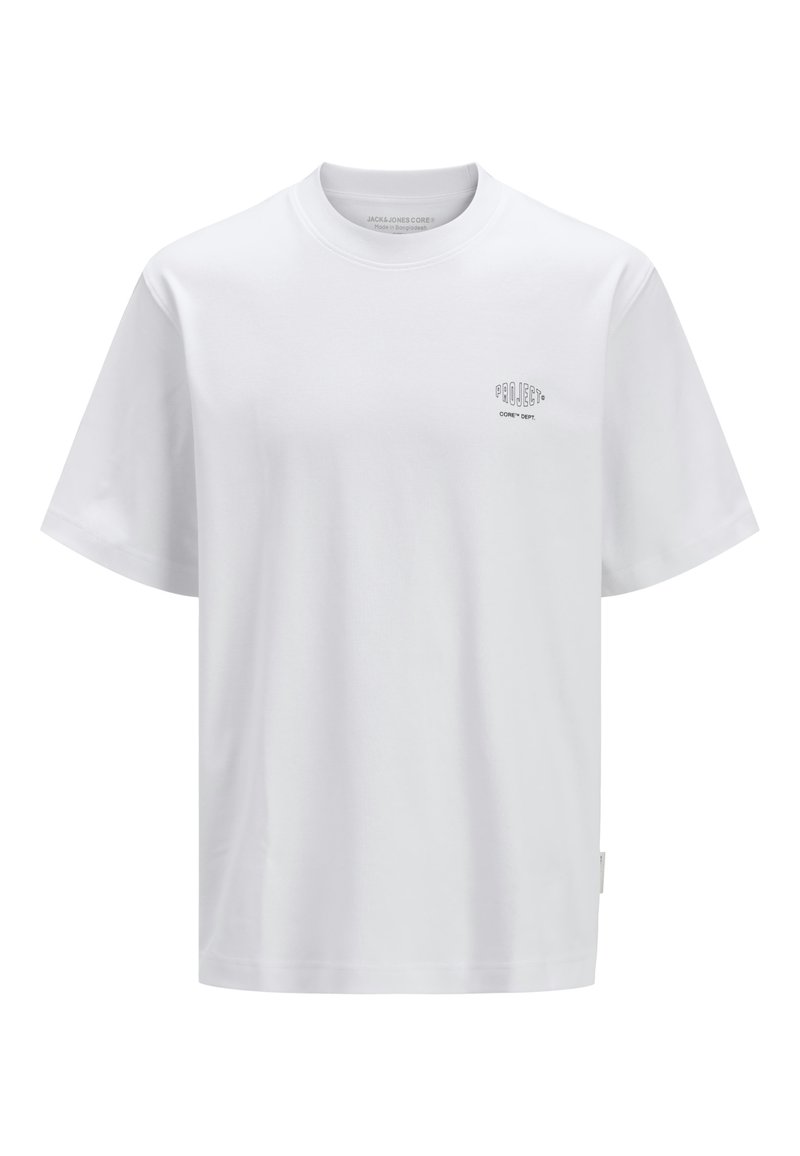 White short-sleeve t-shirt made of cotton, featuring a crew neck. Small printed logo on the chest, relaxed fit, and straight hem.